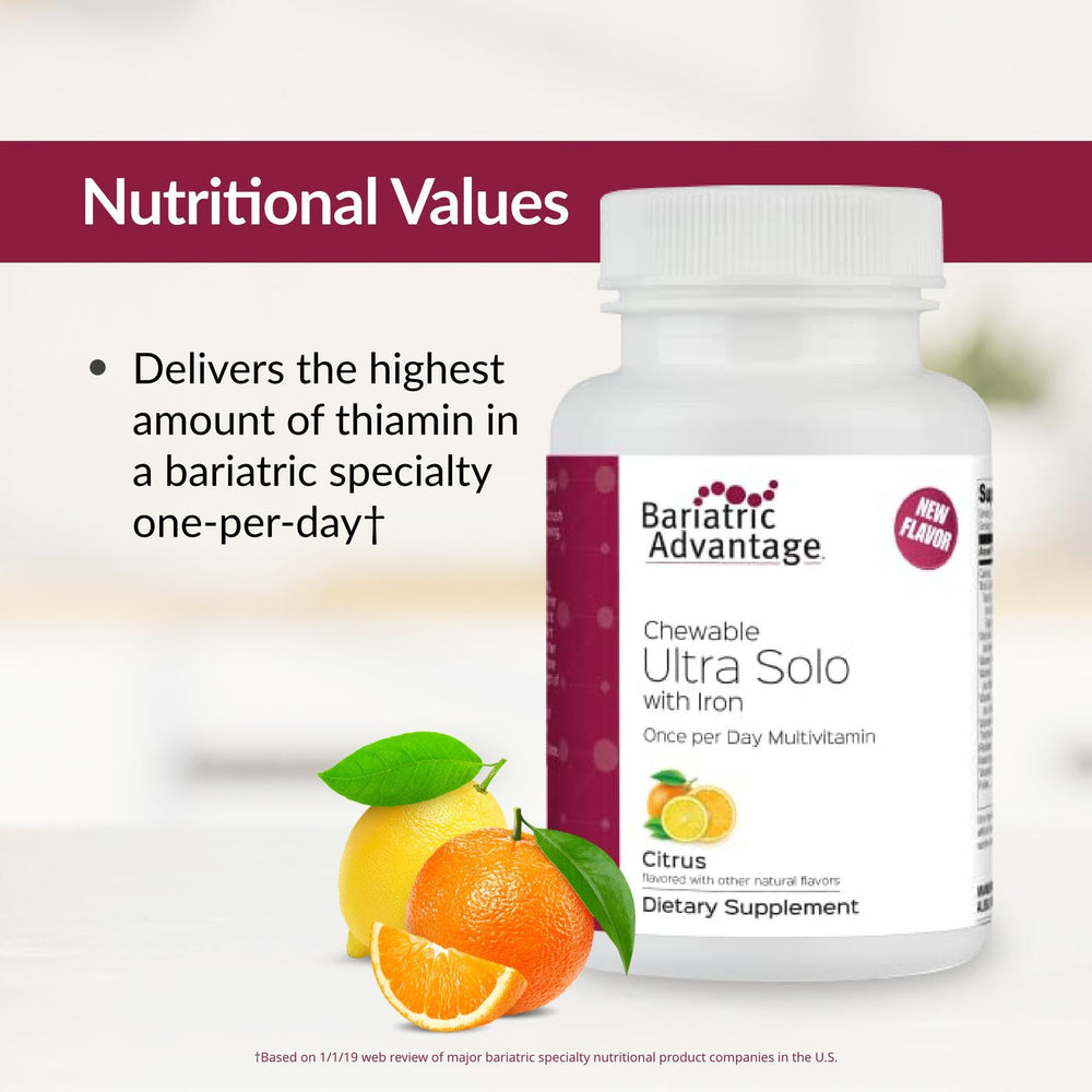 Bariatric Advantage chewable Ultra Solo iron gluten-free label on bottle.