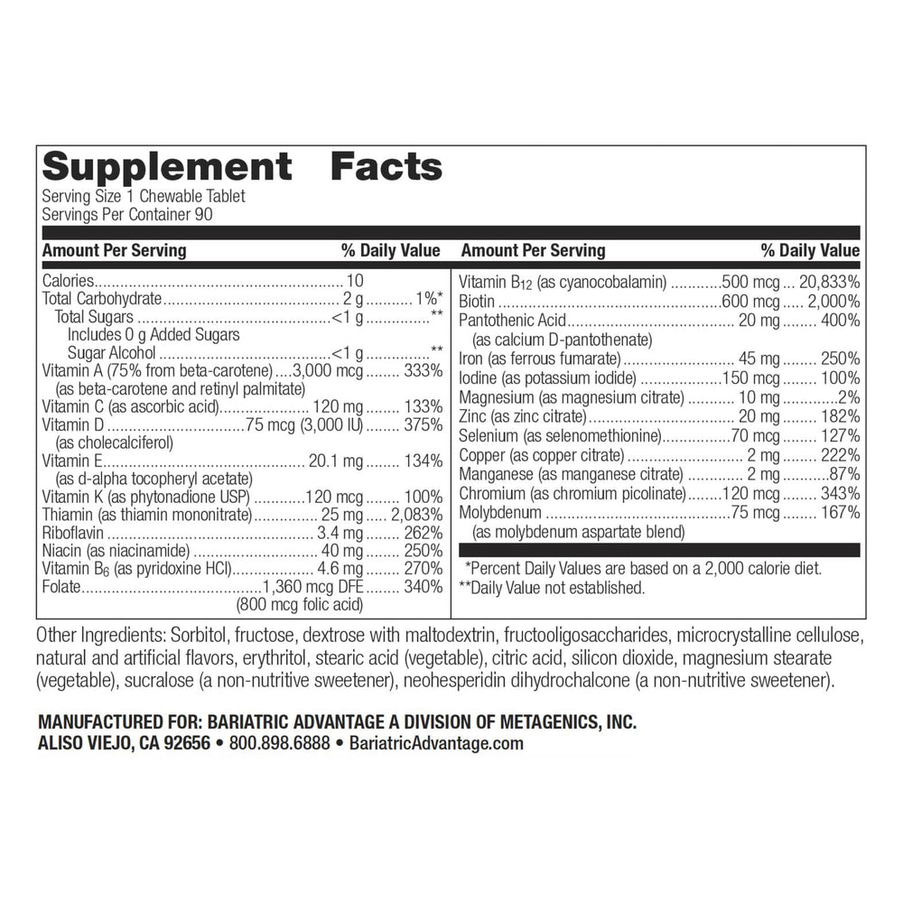 Bariatric Advantage daily multivitamin citrus bottle supports post-surgery nutrition.