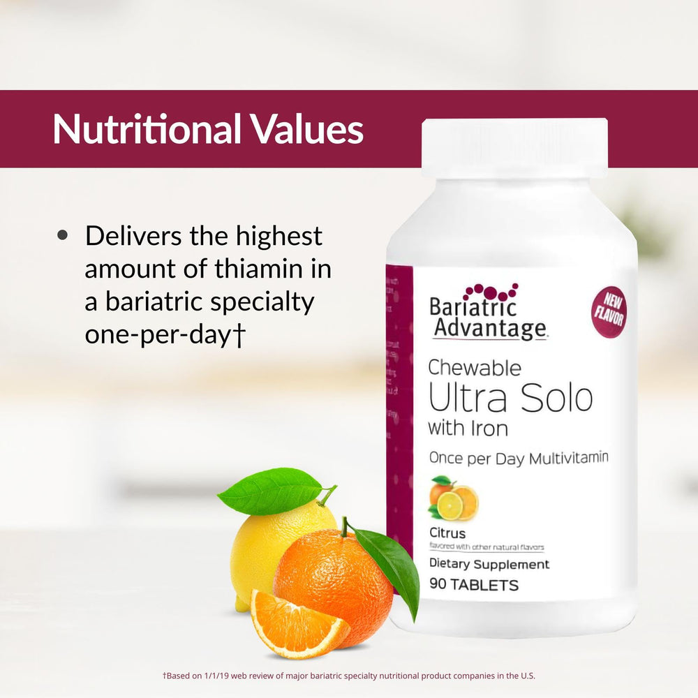 Bariatric Advantage gluten-free citrus chewable for dietary flexibility.