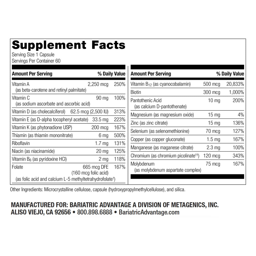 Bariatric Advantage High ADEK Multi bottle label highlights essential nutrients for recovery and daily wellness