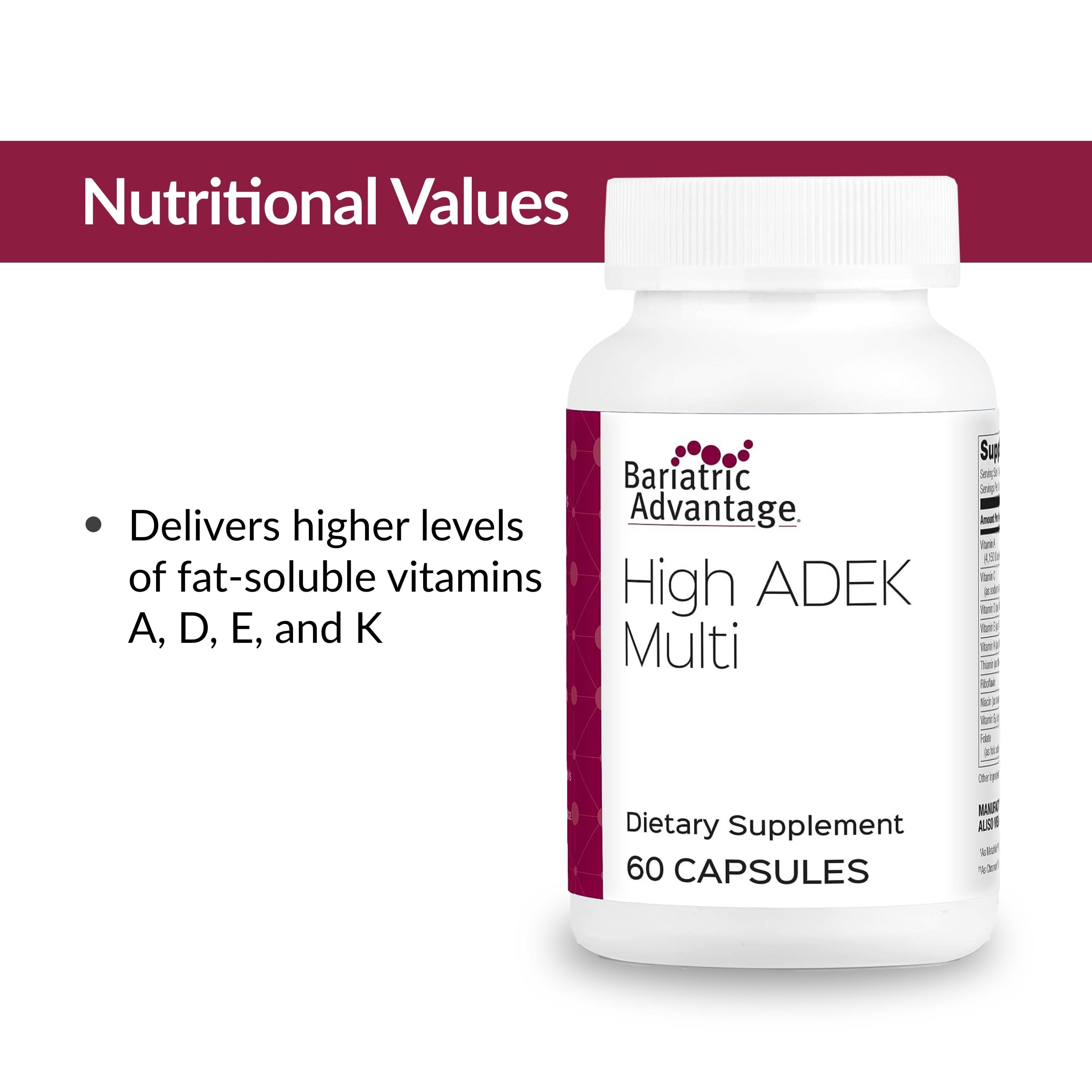 Bariatric Advantage High ADEK Multi ingredients chart highlights ADEK vitamins and trace minerals