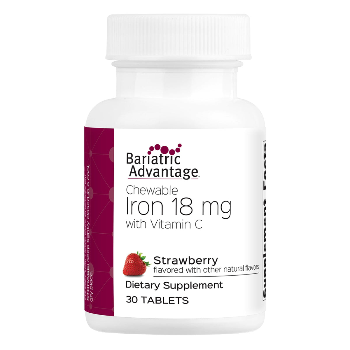 Bariatric Advantage iron 18mg chewable bottle in strawberry flavor for post-surgery use