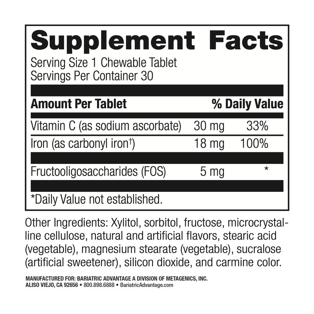 Bariatric Advantage iron chewable strawberry tablet close-up showing texture