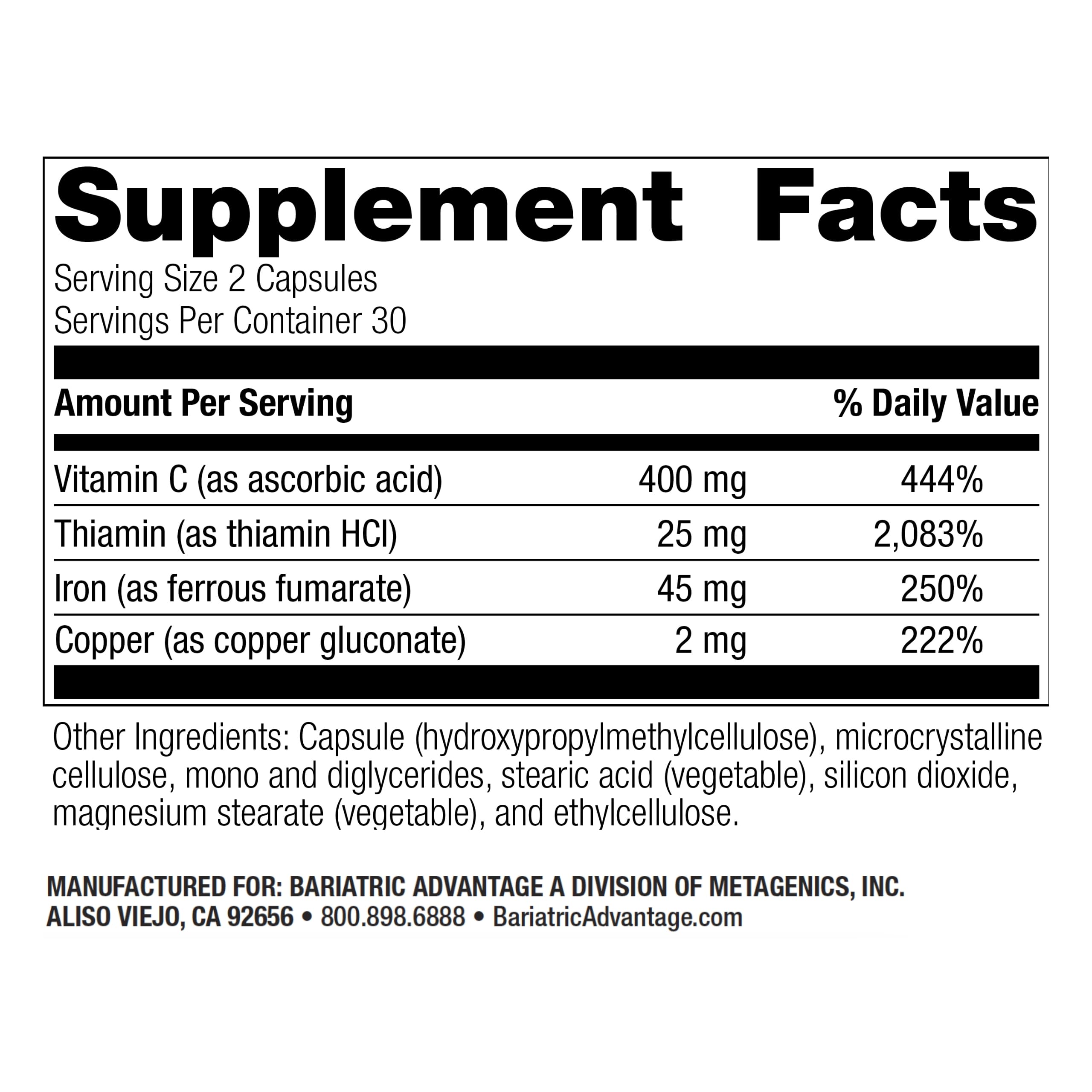 Bariatric Advantage Iron 45mg capsule closeup, smooth coating for easier digestion.