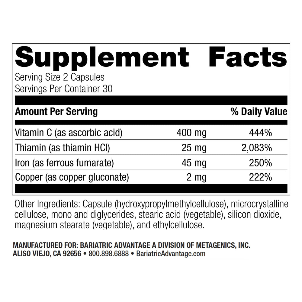 Bariatric Advantage Iron 45mg capsule closeup, smooth coating for easier digestion.