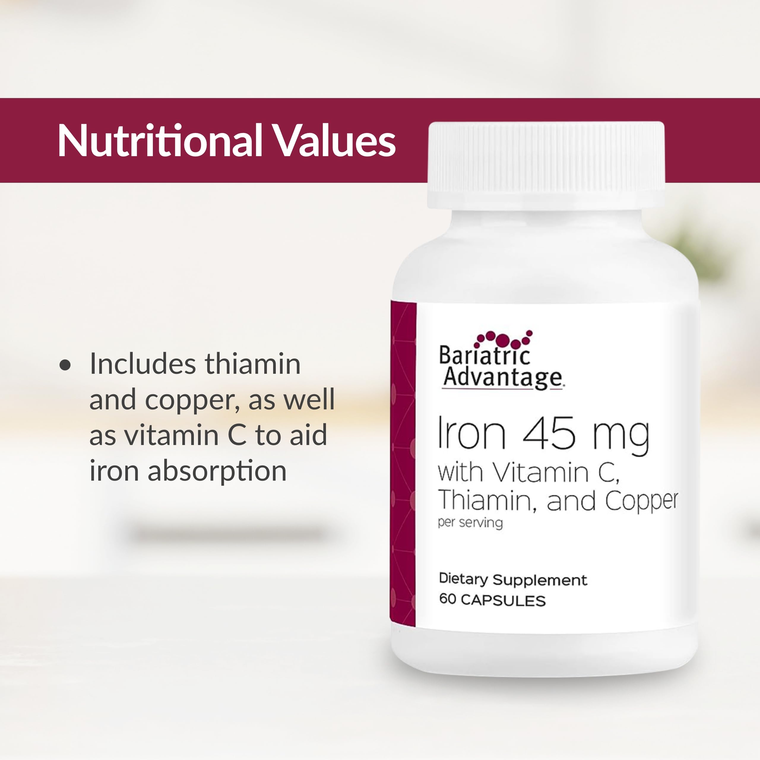 Bariatric Advantage Iron 45mg capsule coating closeup indicating gentle digestion.