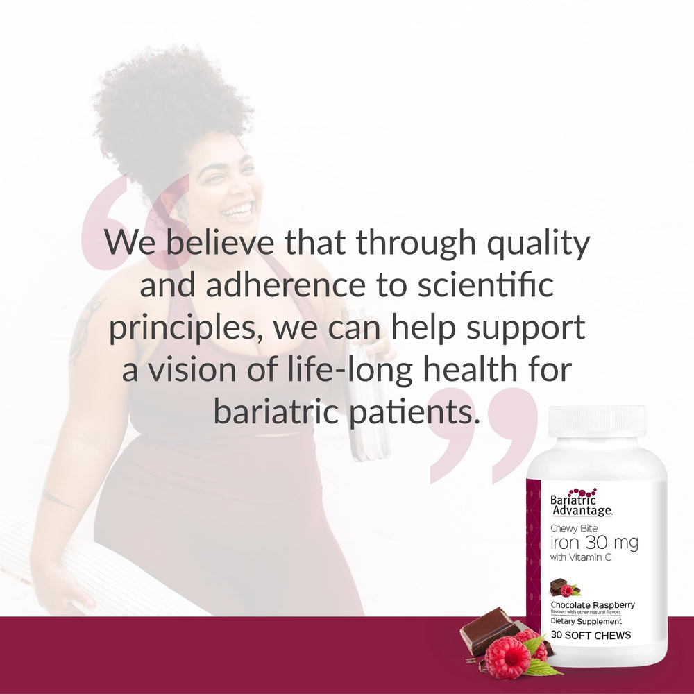 Bariatric Advantage Iron Chewy Bite on-the-go use supports routine supplementation.