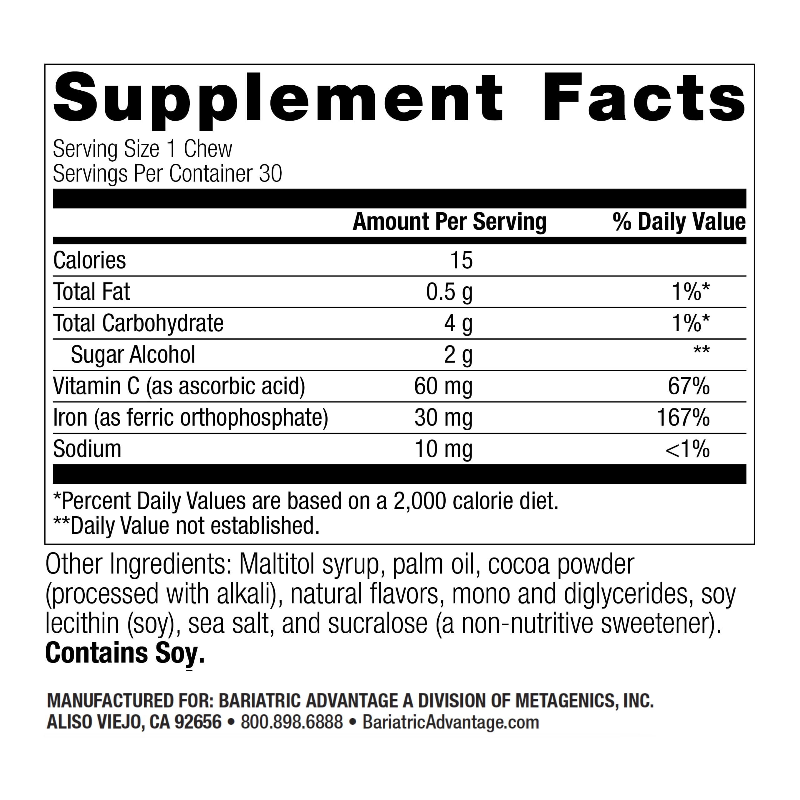 Bariatric Advantage Iron Chewy Bite label close-up shows iron and vitamin C content.