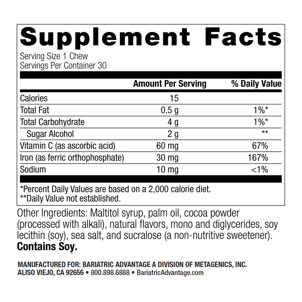Bariatric Advantage Iron Chewy Bite label close-up shows iron and vitamin C content.