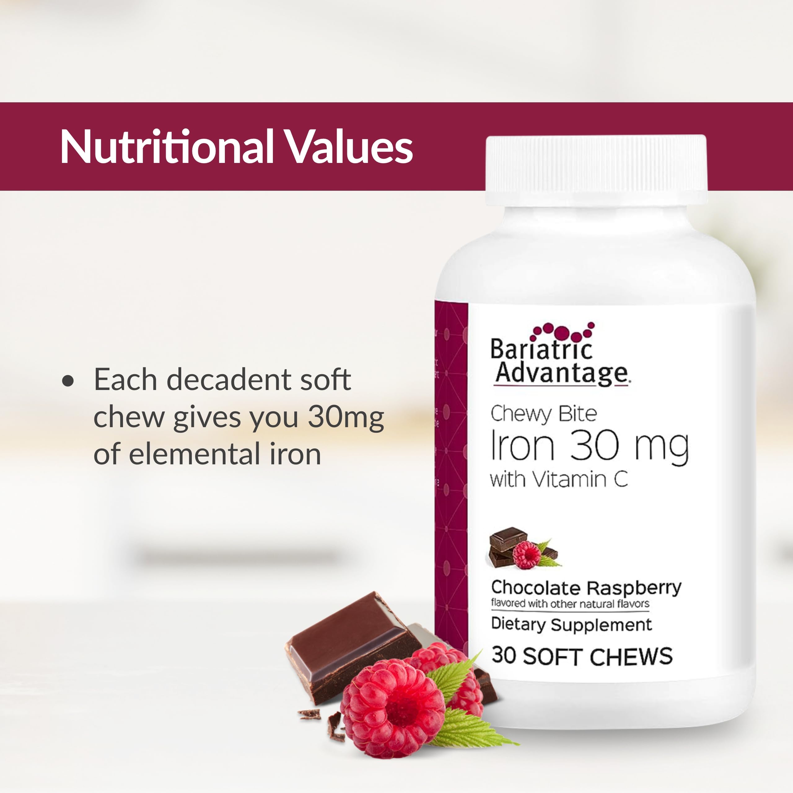 Bariatric Advantage Iron Chewy Bite nutrition panel highlights ferric orthophosphate source.