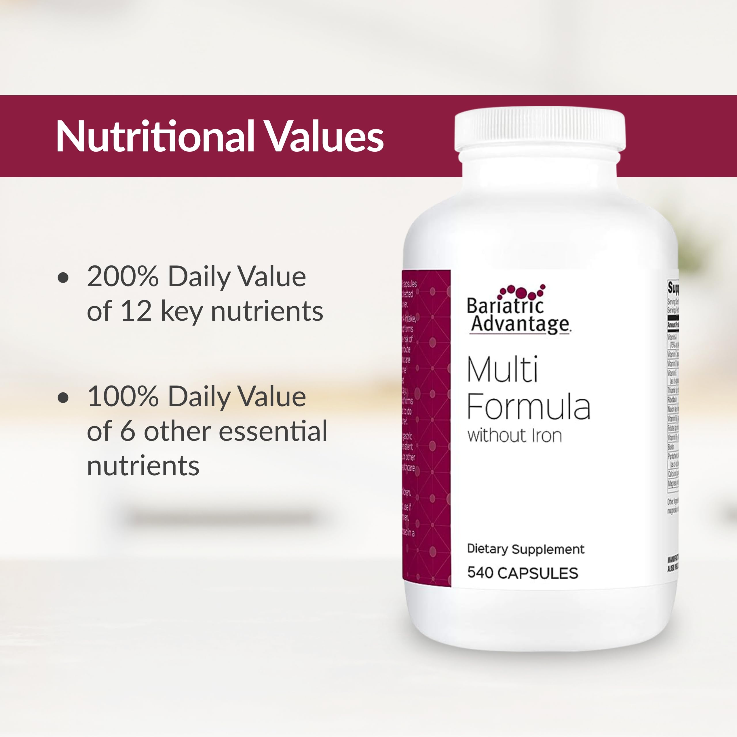 Bariatric Advantage Multi Formula Without Iron bottle open reveals 540 count supply for long term use.