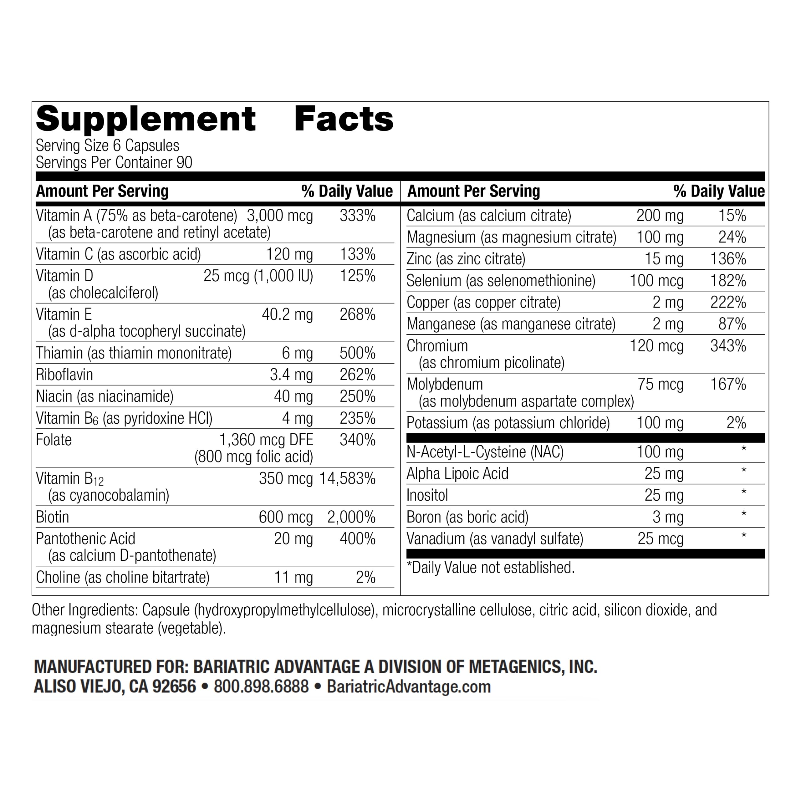 Bariatric Advantage Multi Formula Without Iron bottle side shows easy to swallow packaging for daily intake.