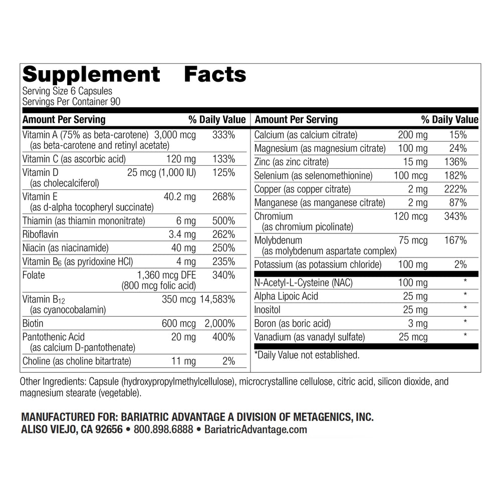 Bariatric Advantage Multi Formula Without Iron bottle side shows easy to swallow packaging for daily intake.