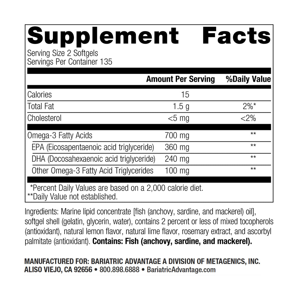 Bariatric Advantage Omega-3 300 bottle highlights sustainable cold-water fish origin.