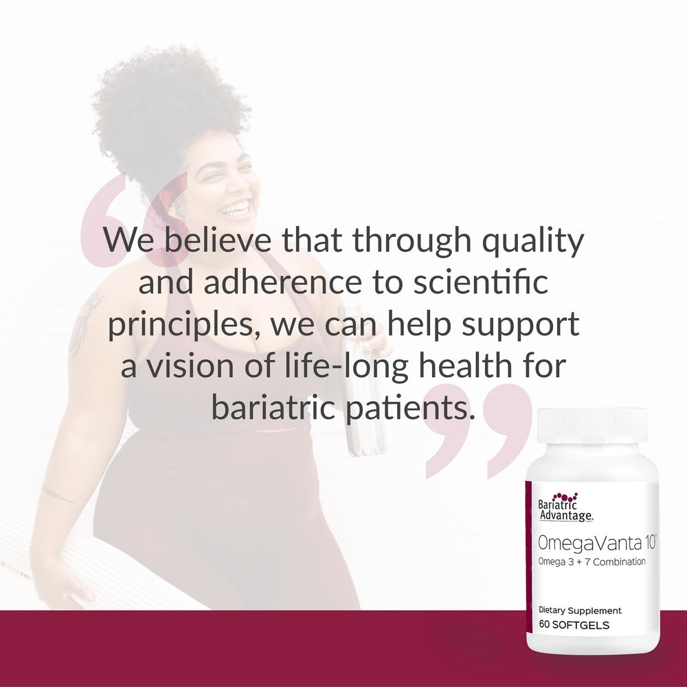 Bariatric Advantage OmegaVanta 10 enteric softgels on countertop conveys comfortable digestion