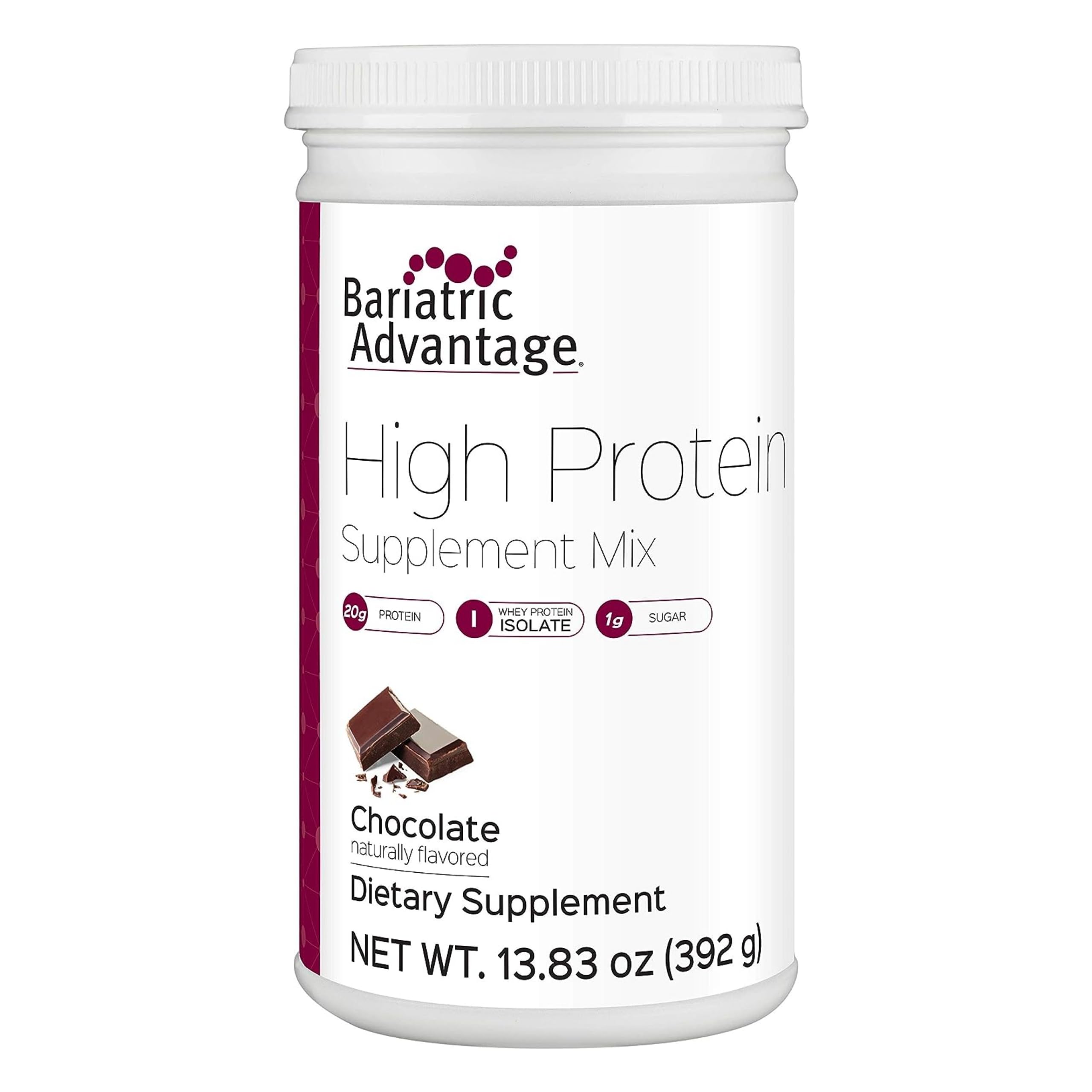 Bariatric Advantage chocolate powder container showing 20 g protein per serving