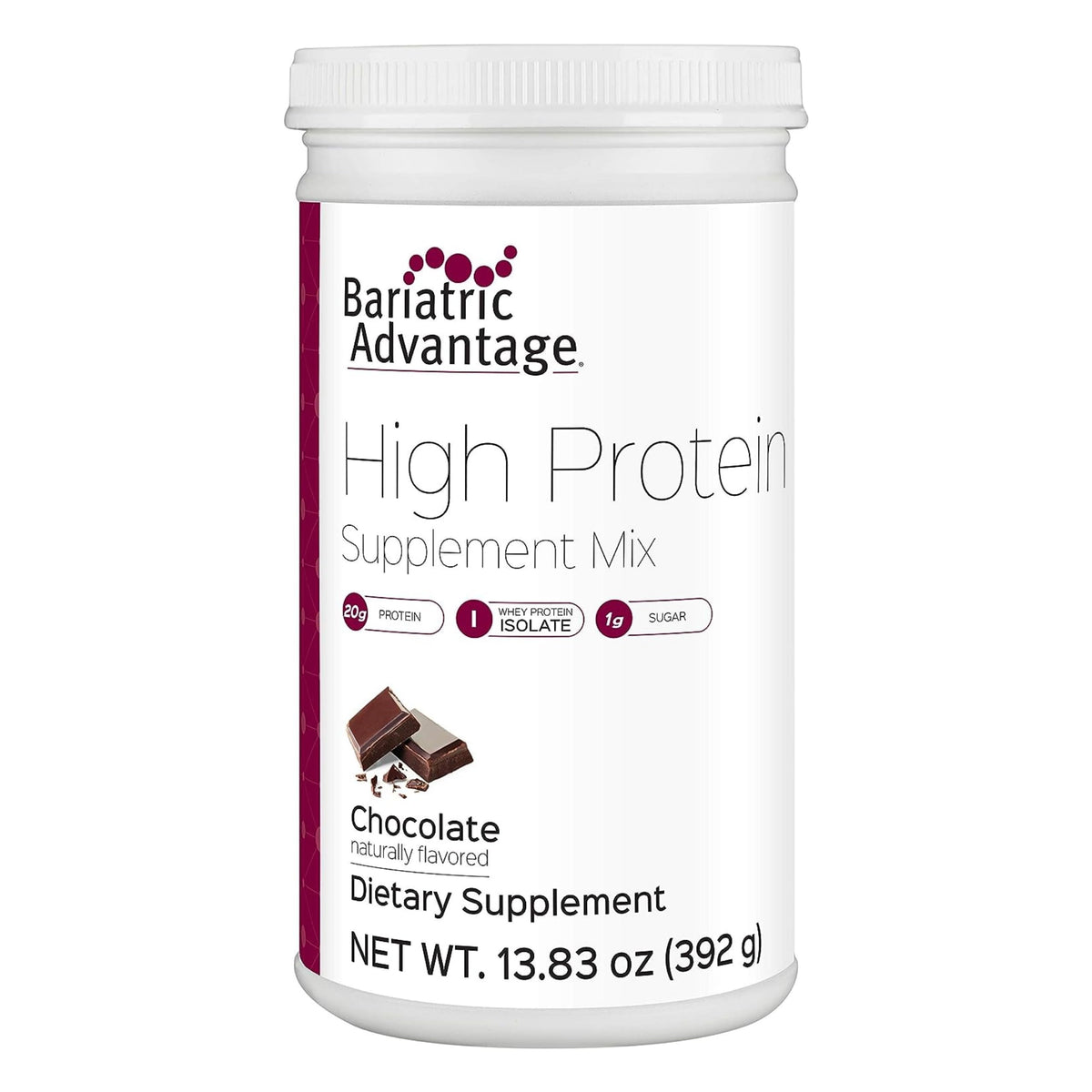 Bariatric Advantage chocolate powder container showing 20 g protein per serving