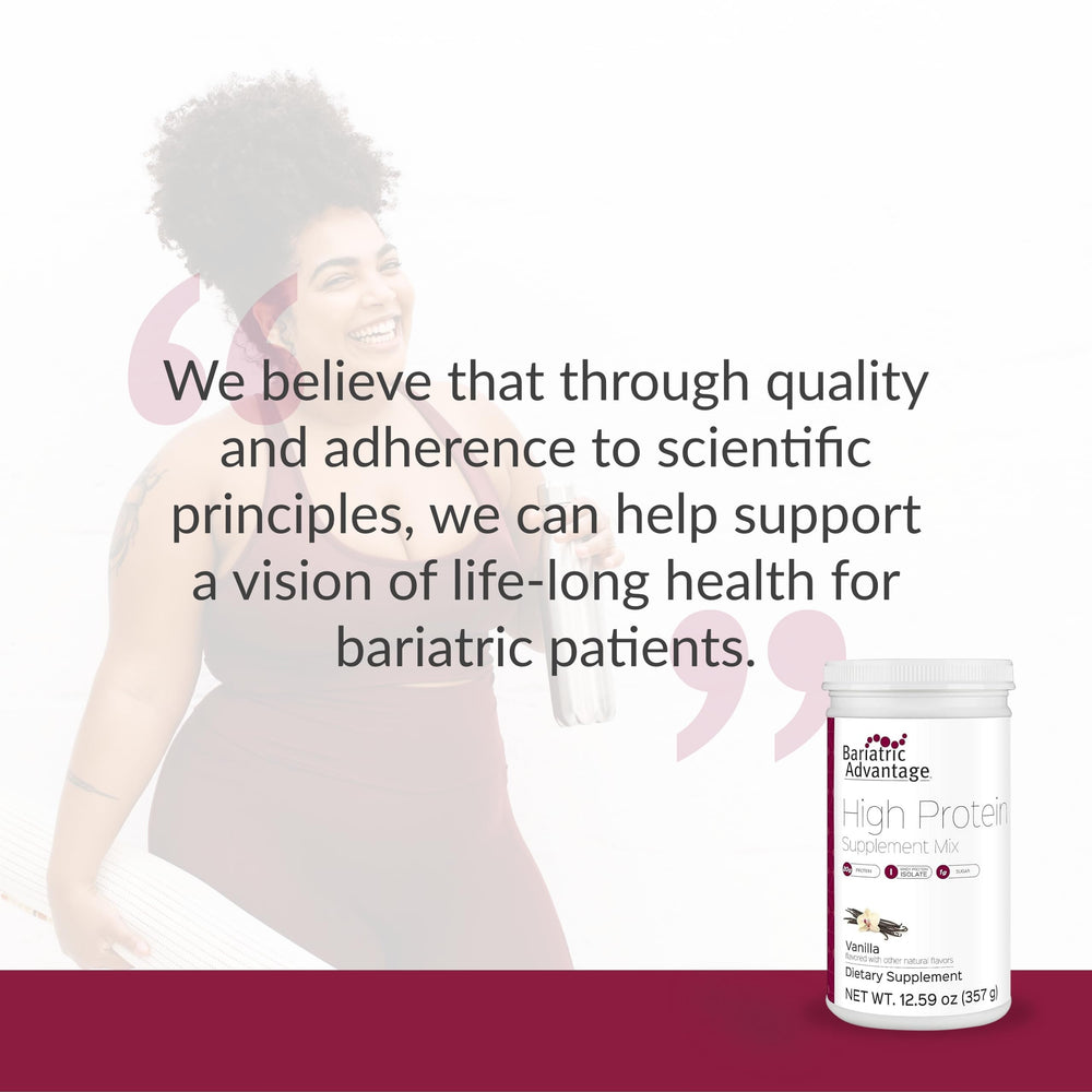 Bariatric Advantage vanilla powder tub side-view showing compact packaging for home use
