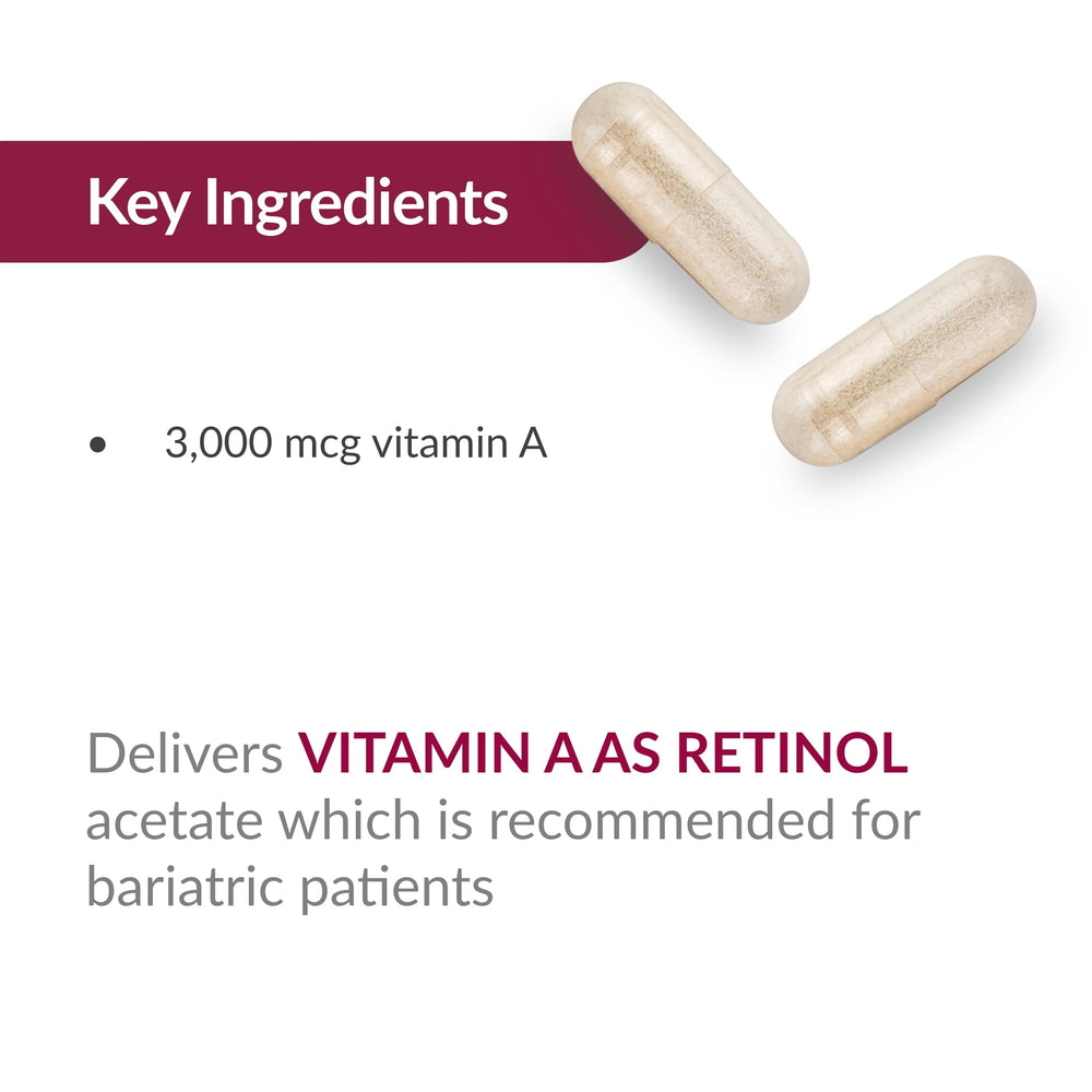 Bariatric Advantage retinol acetate detail highlights high vitamin A concentration in small capsules.