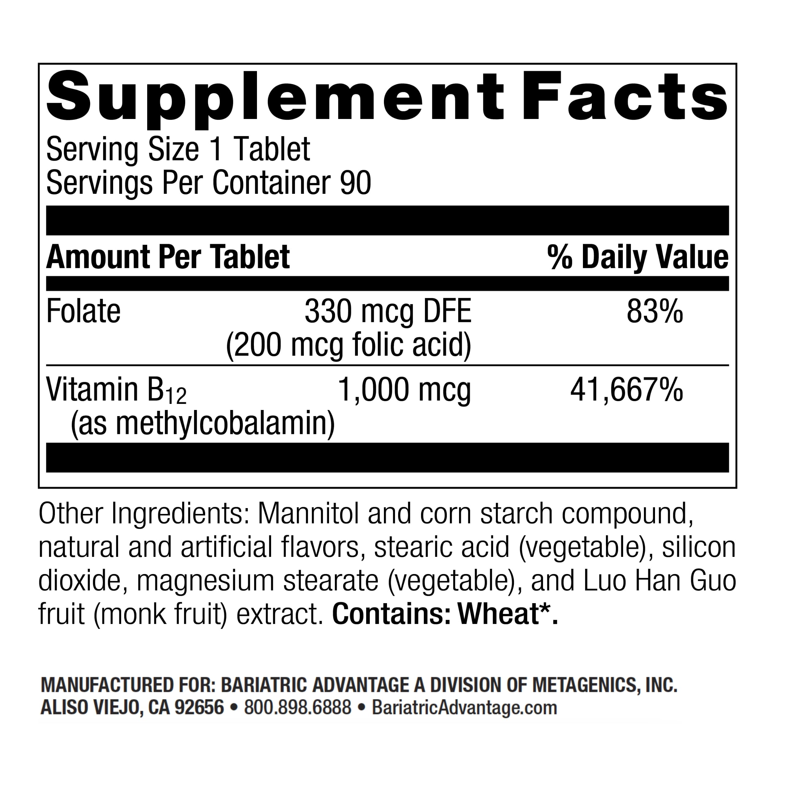 Bariatric Advantage SpeedyMelts B12 with folate 200 mcg folic acid supports daily intake post-surgery