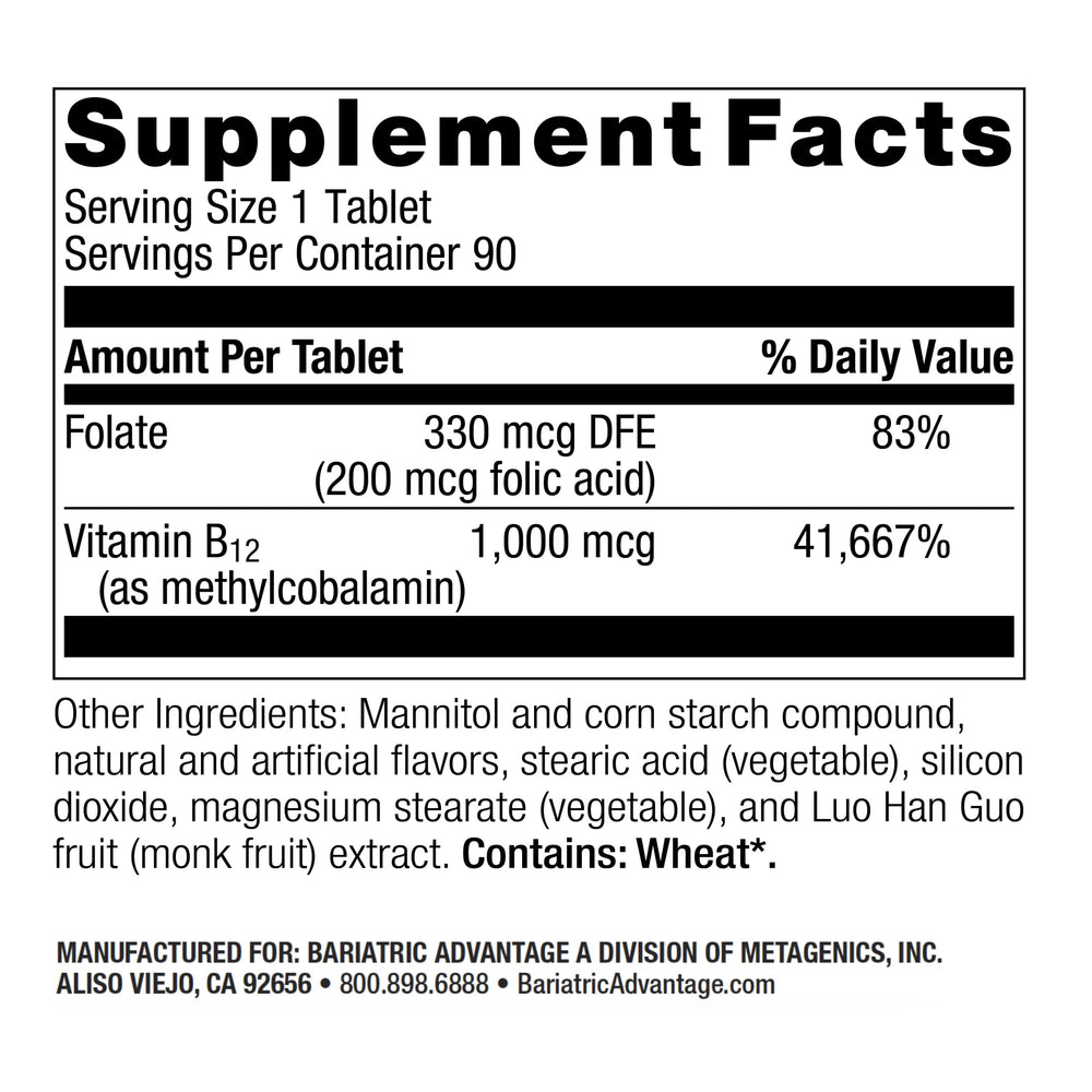 Bariatric Advantage SpeedyMelts B12 with folate 200 mcg folic acid supports daily intake post-surgery