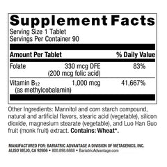 Bariatric Advantage SpeedyMelts B12 with folate 200 mcg folic acid supports daily intake post-surgery