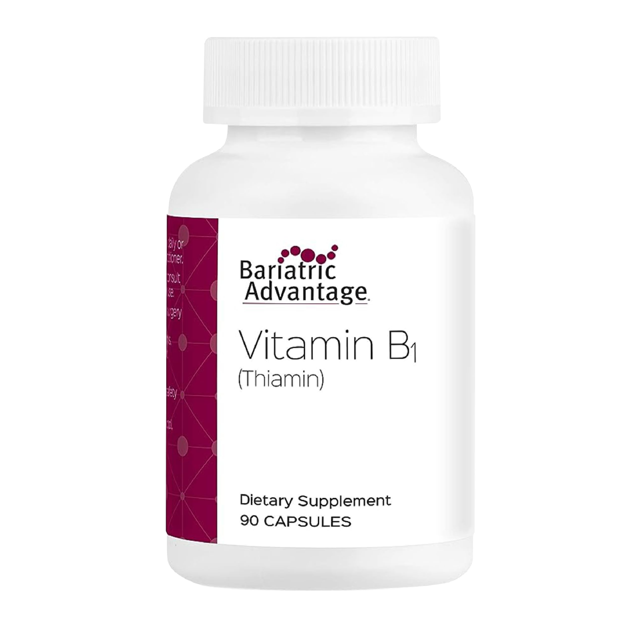 Bariatric Advantage thiamin 100 mg capsules in bottle, easy-to-swallow energy support.