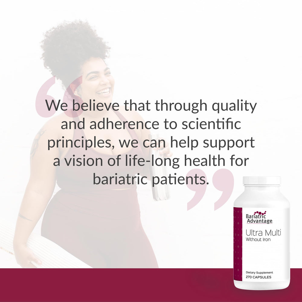 Capsules lined up of Bariatric Advantage Ultra Multi Without Iron for daily dosing