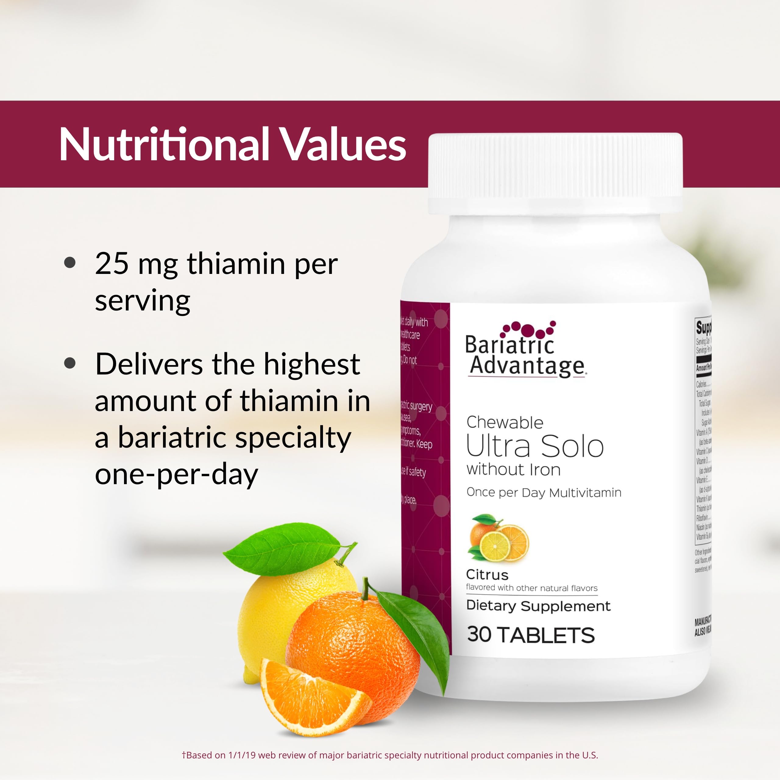 Bariatric Advantage Ultra Solo chewable in hand, rich in vitamins A and D.