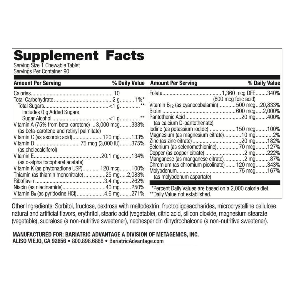 Close-up of Bariatric Advantage Ultra Solo chewable tablet highlighting citrus flavor.
