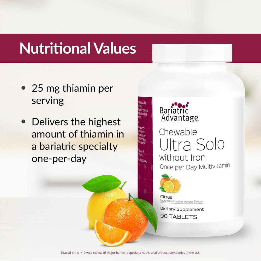Bariatric Advantage Ultra Solo without Iron nutrition facts label highlights fortification.