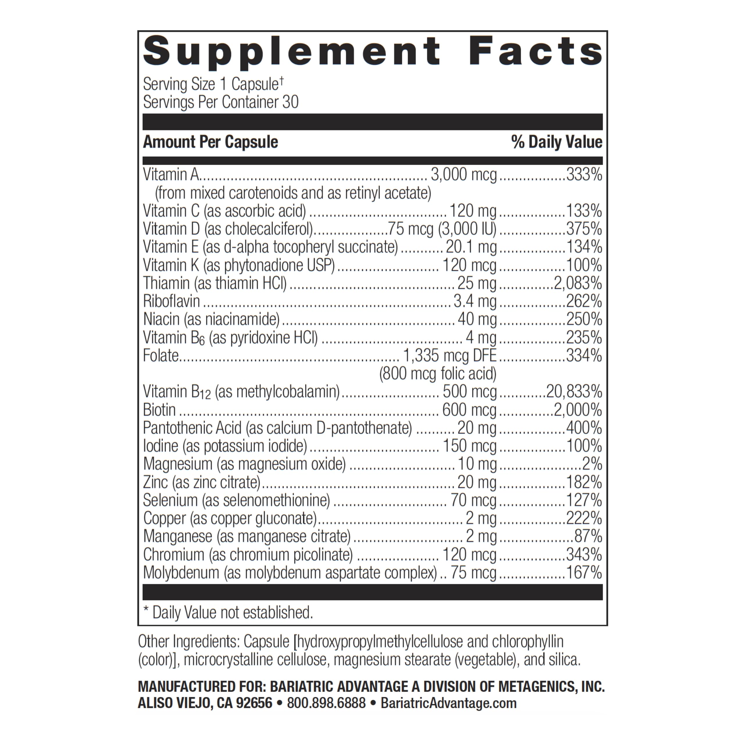 Bariatric Advantage Ultra Solo Without Iron bottle back shows essential vitamin labels for daily health.