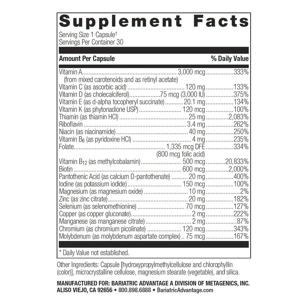 Bariatric Advantage Ultra Solo Without Iron bottle back shows essential vitamin labels for daily health.