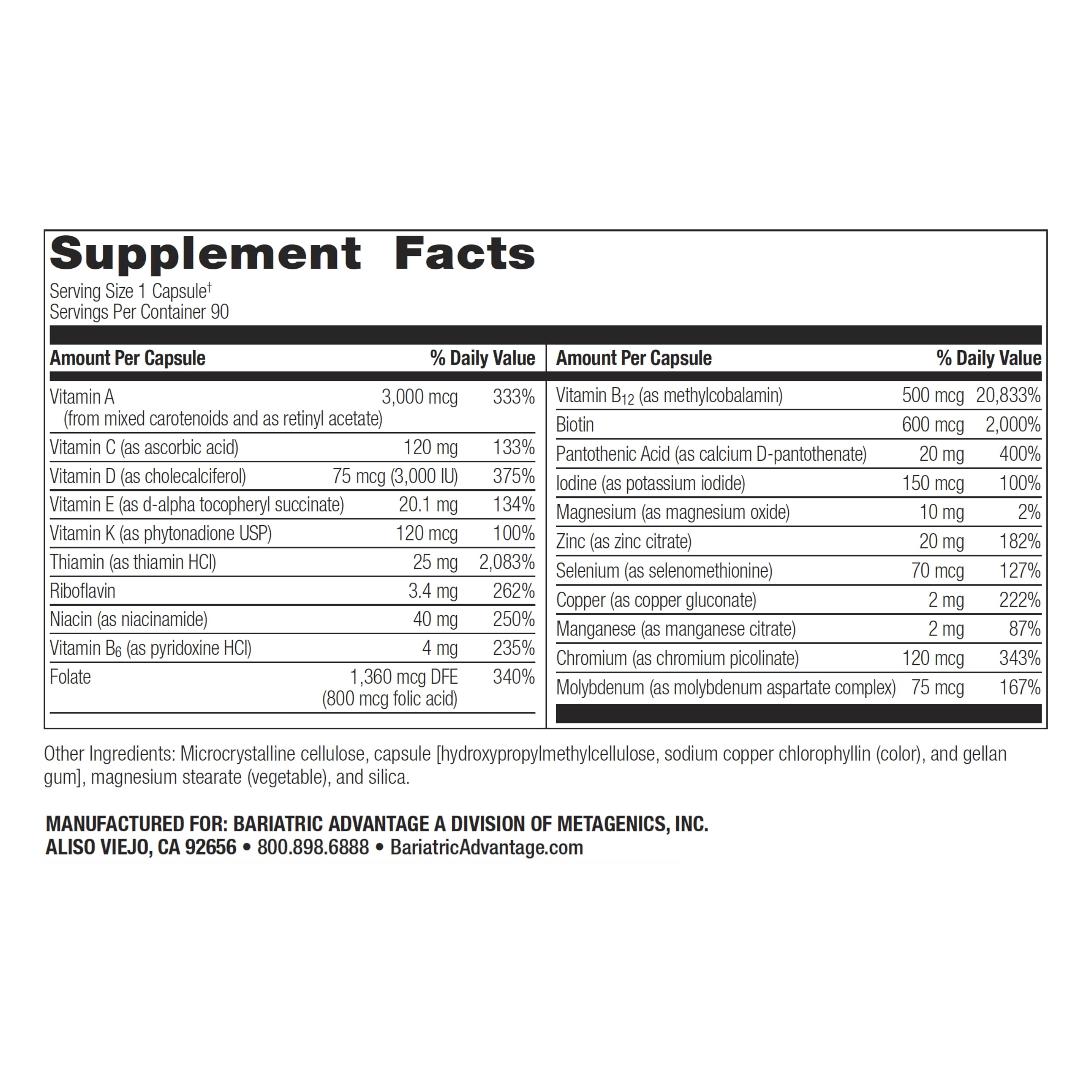 Bariatric Advantage Ultra Solo Without Iron bottle back presents complete vitamin profile for bariatric patients.