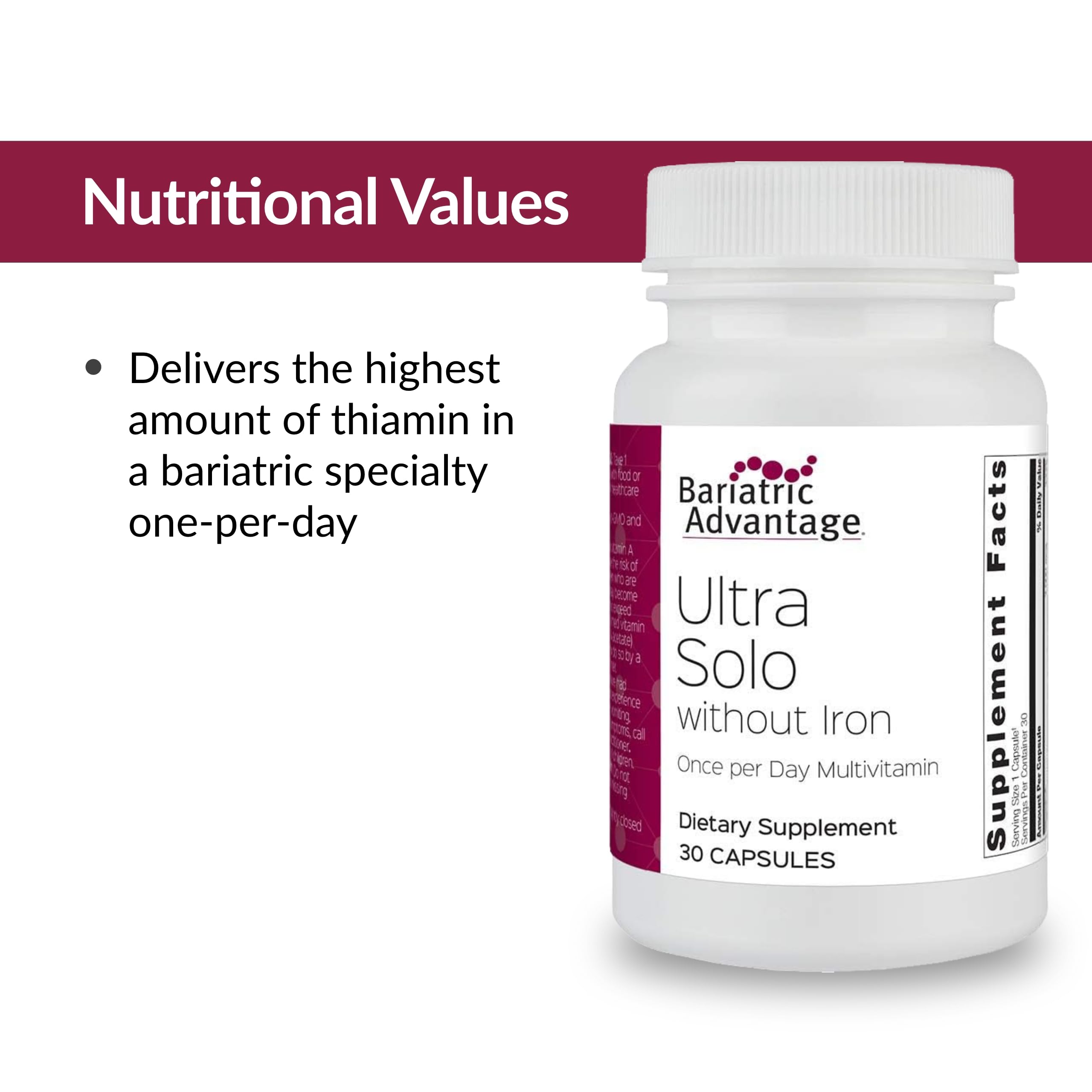 Bariatric Advantage Ultra Solo Without Iron packaging box shows gluten-free promise.