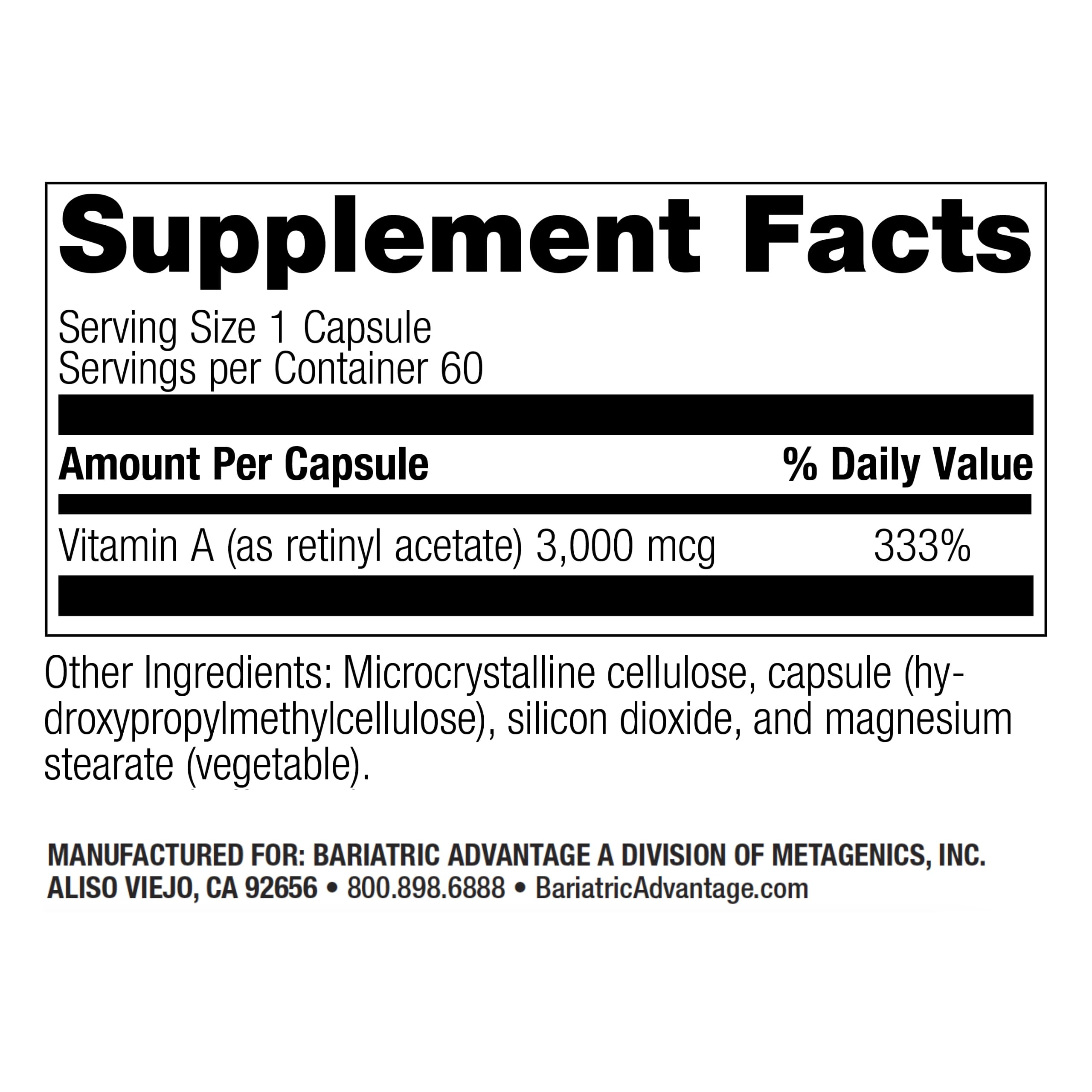 Bariatric Advantage Vitamin A 3000mcg mini capsules label close-up with per-pack details