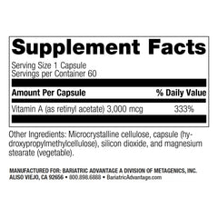 Bariatric Advantage Vitamin A 3000mcg mini capsules label close-up with per-pack details