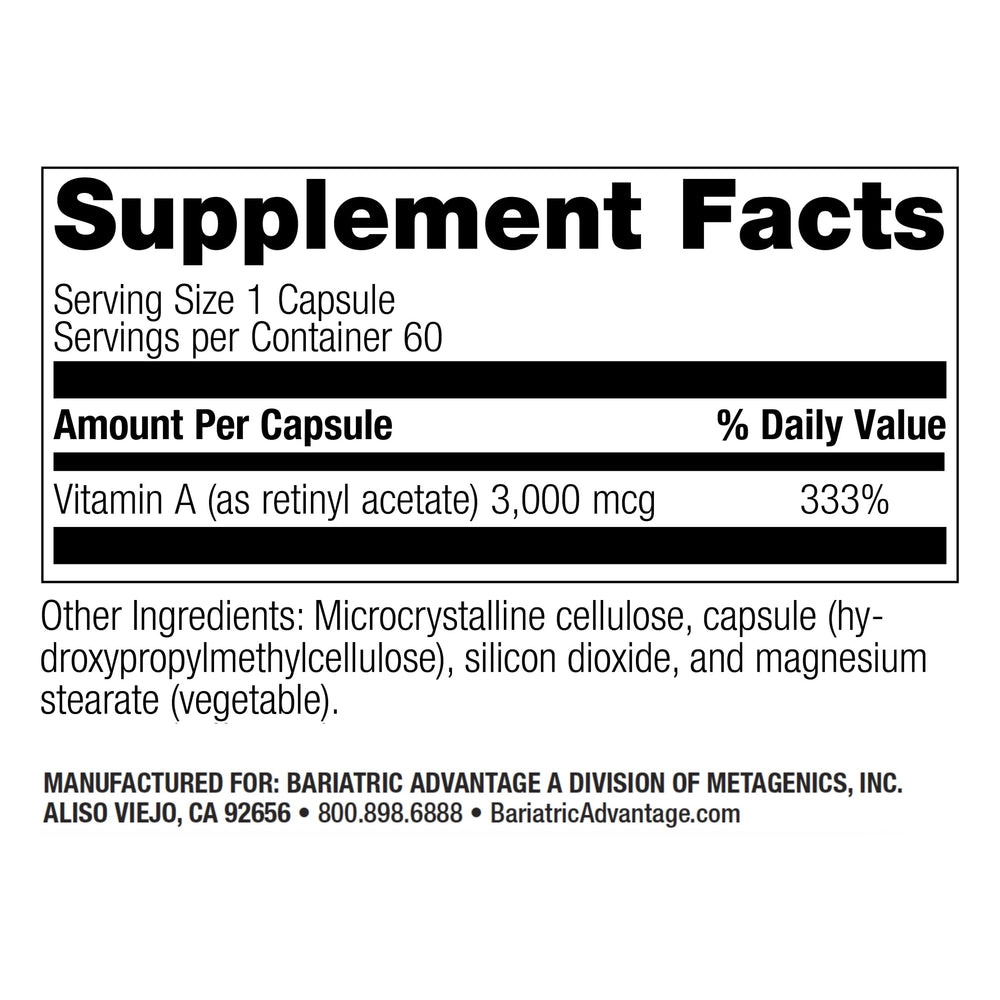 Bariatric Advantage Vitamin A bottle front with 60-count two-pack emphasis.