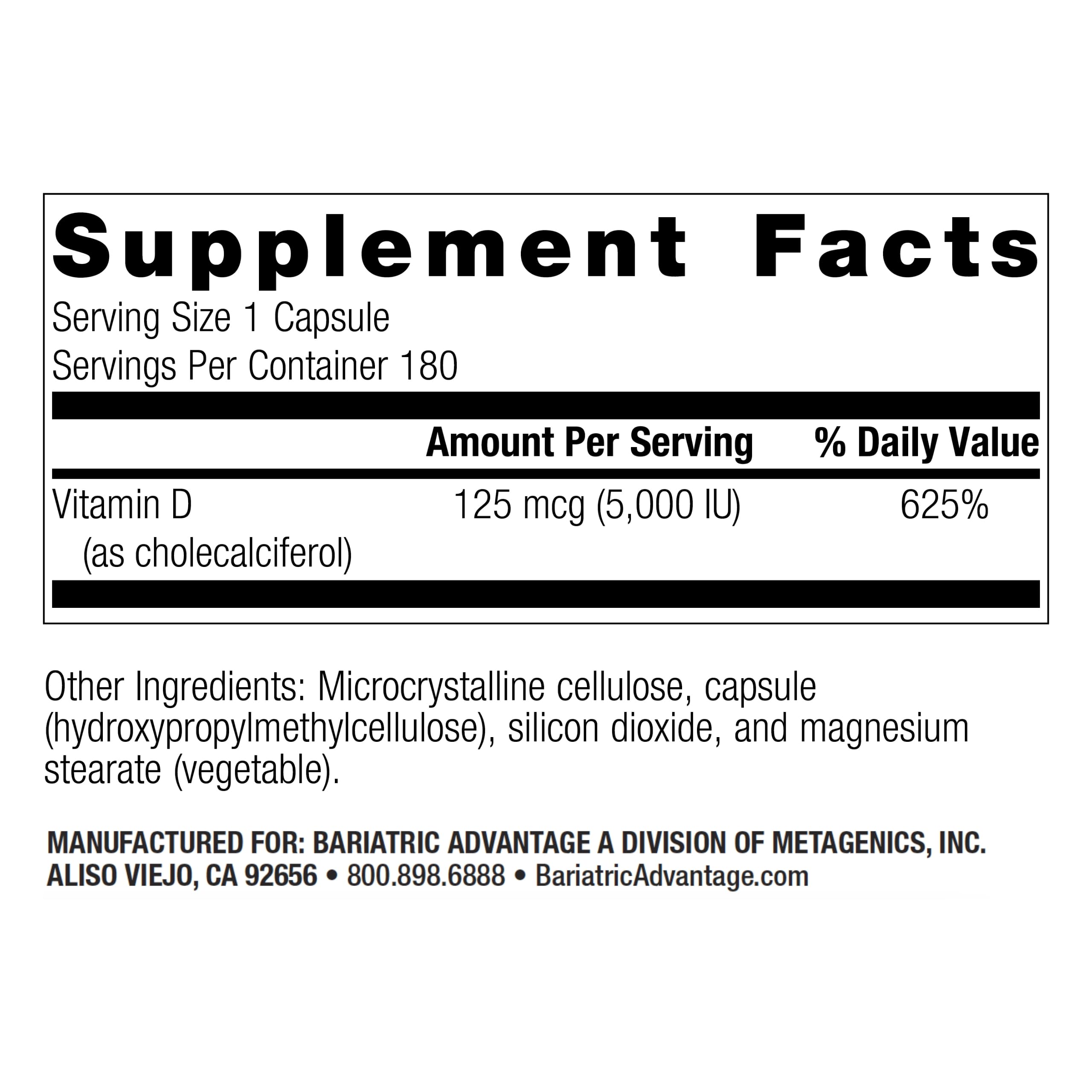 Bariatric Advantage Vitamin D3 5,000 IU capsules close-up, easy-to-swallow design for post-surgery routines