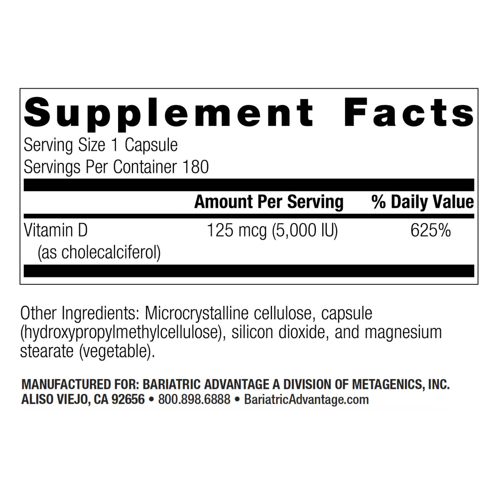 Bariatric Advantage Vitamin D3 5,000 IU capsules close-up, easy-to-swallow design for post-surgery routines