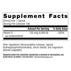 Bariatric Advantage Vitamin D3 5,000 IU capsules close-up, easy-to-swallow design for post-surgery routines