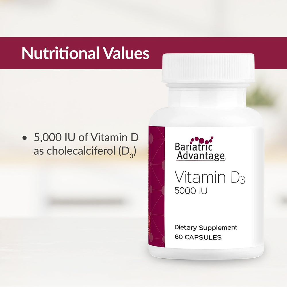 Bariatric Advantage Vitamin D3 5,000 IU capsule showcased for daily use with water
