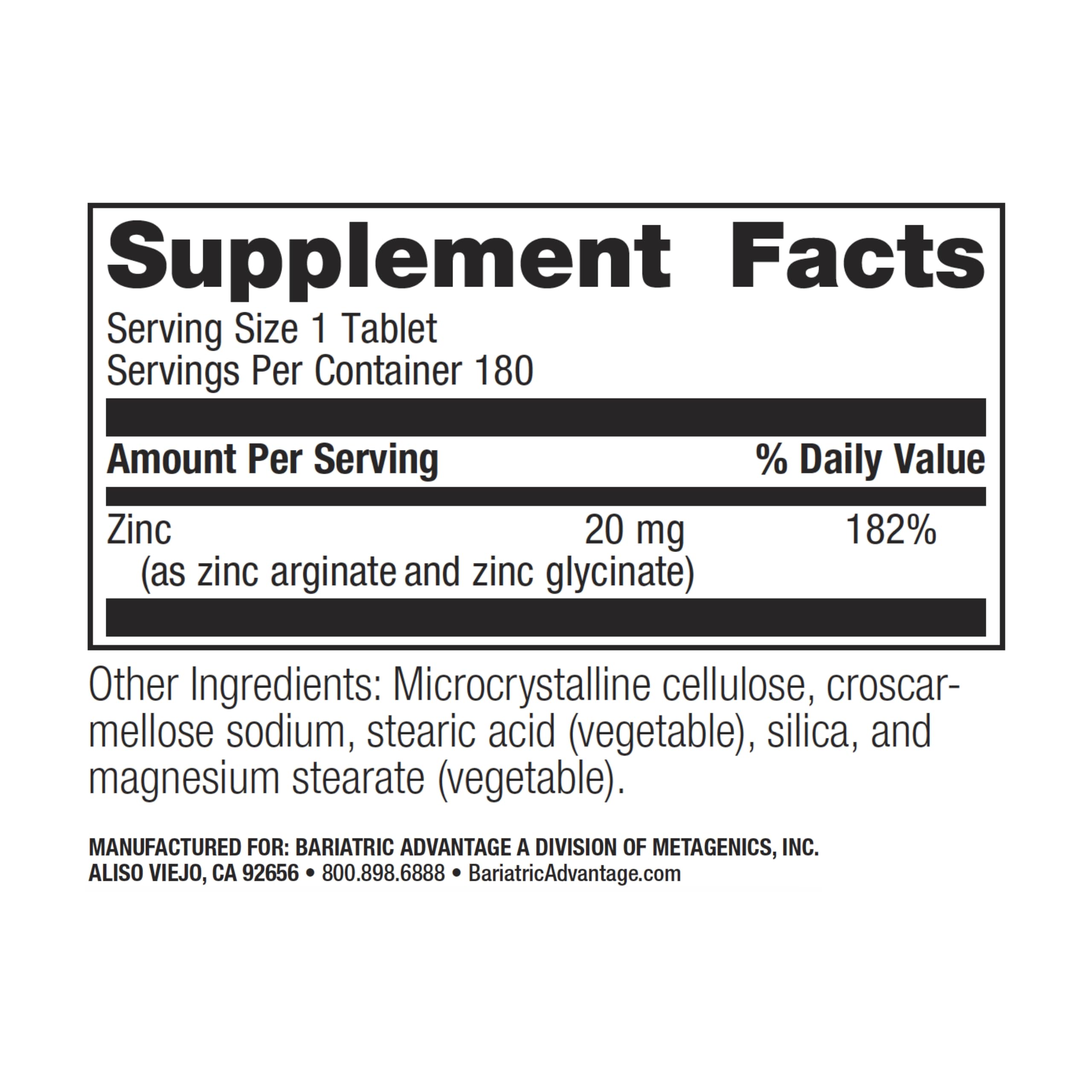 Bariatric Advantage zinc chelate tablets pour illustrating easy daily dosing