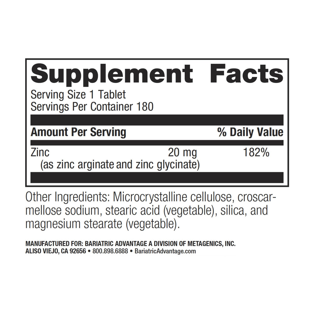 Bariatric Advantage zinc chelate tablets pour illustrating easy daily dosing