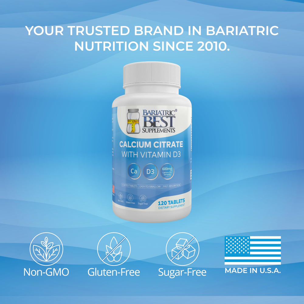 Bariatric Best Supplements label detail shows 600 mg calcium and 400 IU D3 per serving