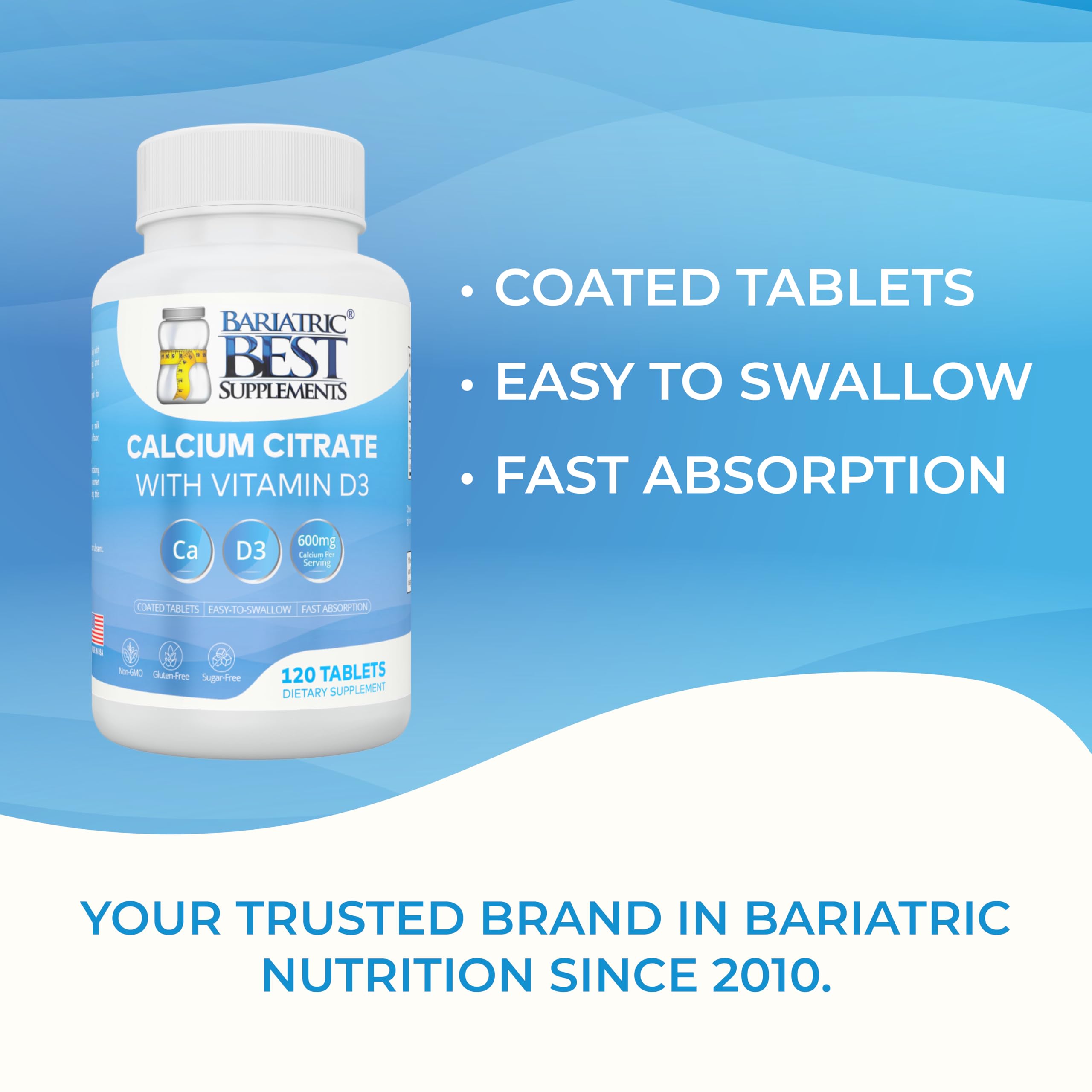 Gluten-free and non-GMO claims on Bariatric Best Supplements packaging