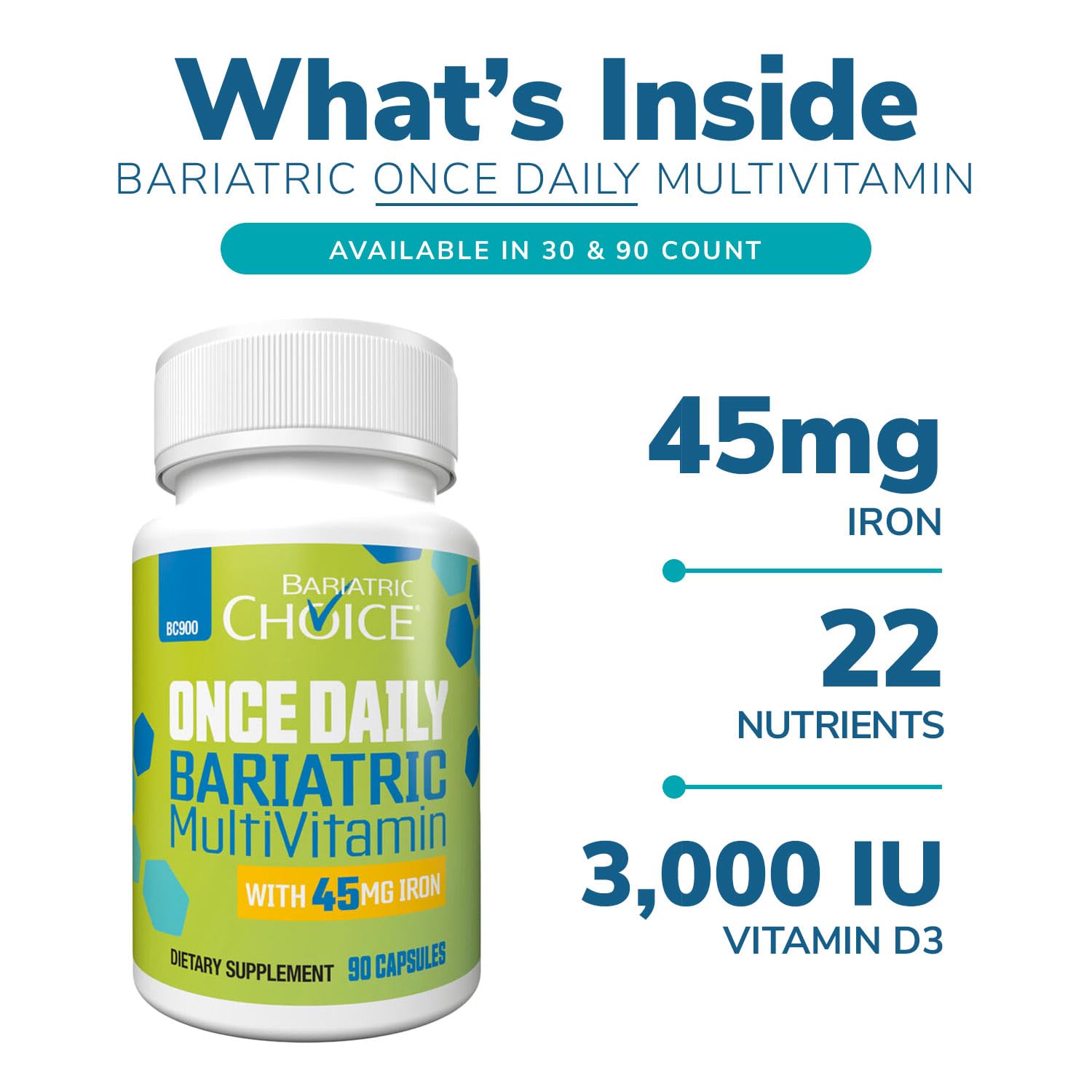 Bariatric Choice 45 mg iron capsule close-up supports post-surgery daily nutrition.