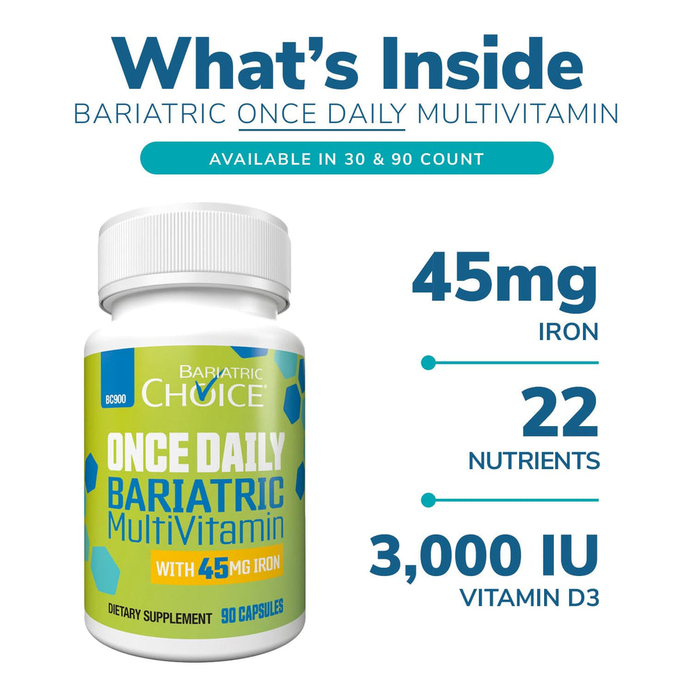 Bariatric Choice 45 mg iron capsule close-up supports post-surgery daily nutrition.