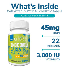 Bariatric Choice 45 mg iron capsule close-up supports post-surgery daily nutrition.