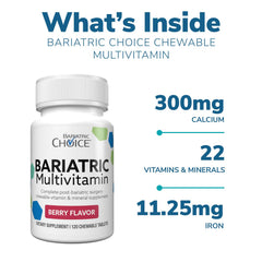 Bariatric Choice berry chewable tablet close-up shows small, easy-to-digest vitamins.